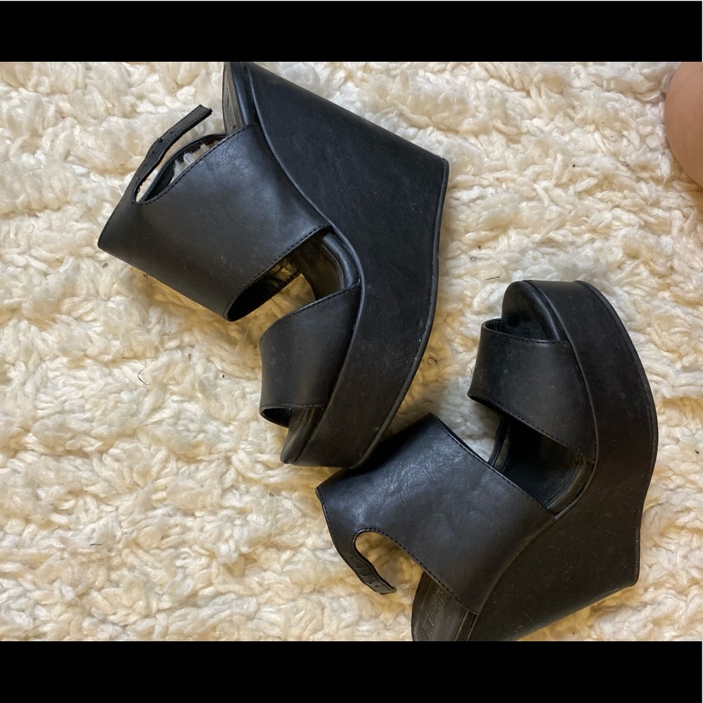 Black leather wedges